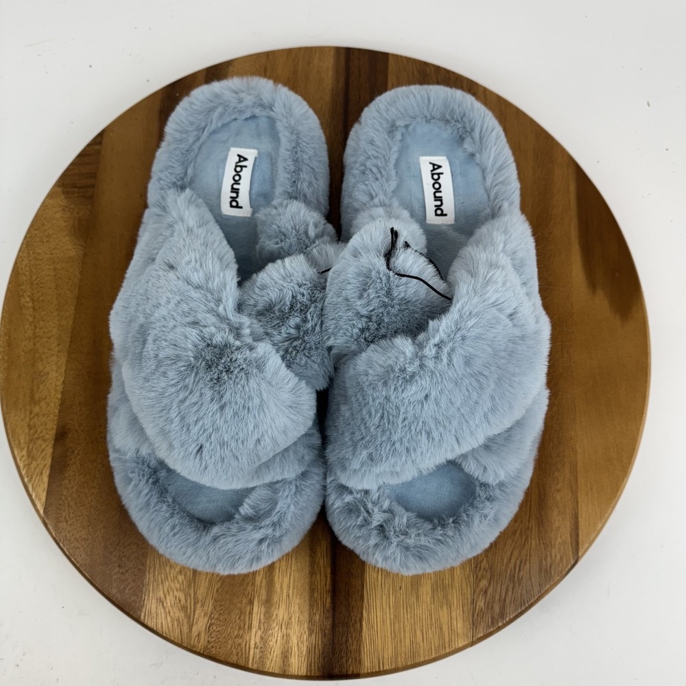 Womens Abound Fuzzy Blue Faux Fur Crisscross Slide Slippers Sandal Size XL 11-12